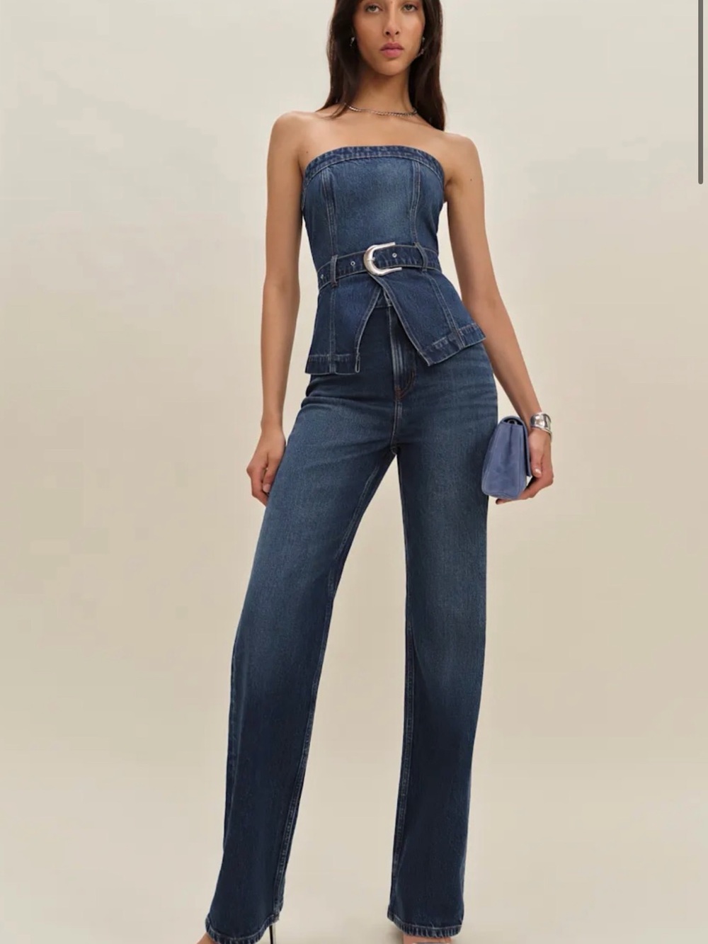 Reformation Strapless Dark Blue Denim Peplum Top